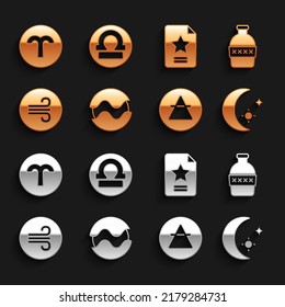 Set Planet, Bottle of water, Moon and stars, Air element, Windy weather, Star constellation zodiac, Aries and Libra icon. Vector