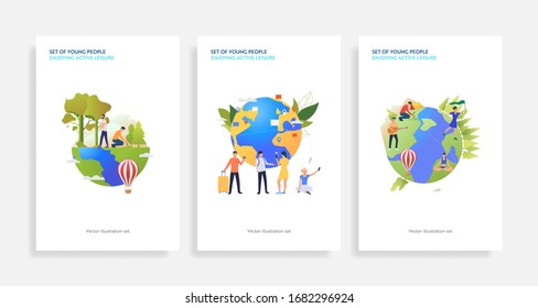 Set of planet care illustrations. Flat vector illustrations of people planting trees, watering plants, camping, travelling. Lifestyle concept for banner, website design or landing web page