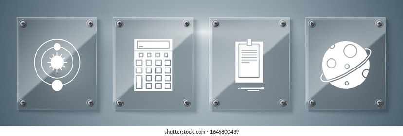 Set Planet, Clipboard with document, Calculator and Solar system. Square glass panels. Vector