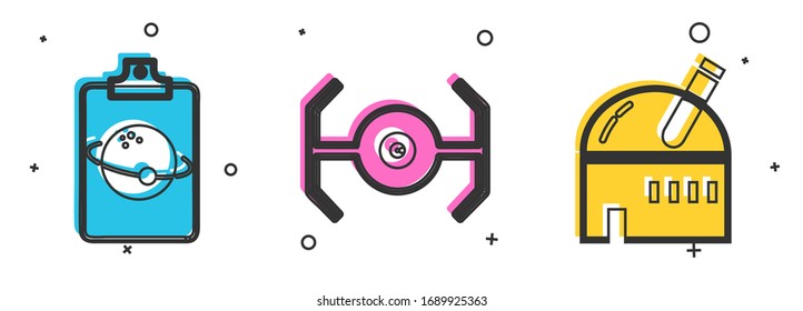 Set Planet, Cosmic ship and Astronomical observatory icon. Vector