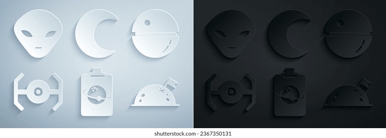 Set Planet, Death star, Cosmic ship, with flag, Moon and stars and Alien icon. Vector