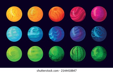 Set of planet different patterns on purple background. Vector illustration of fantasy space game galaxy with different texture, ornaments and paintings in cartoon style.