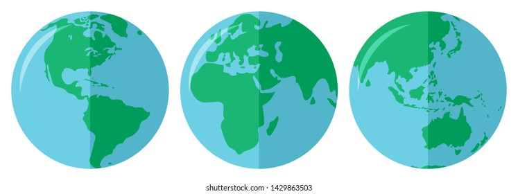Set of planet earth. 3 flat maps of continents: North America and South America, Europe and Africa, Asia and Australia with Oceania