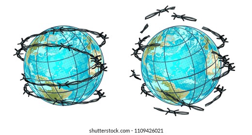 set planet earth in barbed wire and without. Pop art retro vector illustration kitsch vintage