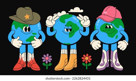 Conjunto de caracteres Planeta Tierra. El planeta Tierra lindo con emociones, cara, brazos, sombreros y piernas en botas. Estilo de caricatura. Dibujo a mano a la moda ilustración Vector. Día mundial de la tierra, el cuidado del concepto de la naturaleza