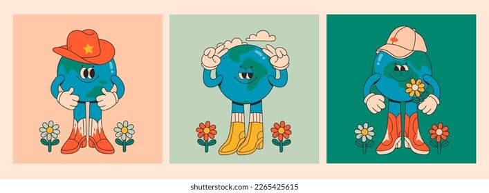 Set of Planet Earth characters. Cute Earth globe with emotions, face, arms, hats and legs in boots. Cartoon style. Hand drawn trendy Vector illustration. World earth day, caring for nature concept