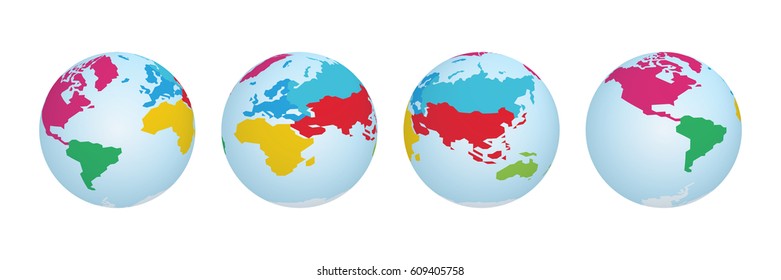 Set of Planet Earth Globe with Abstract Colored World Map Continents - North America, South America, Europe, Africa, Asia and Australia. Vector Illustration.