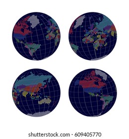 Set of Planet Earth Globe with Abstract Colored Vertical Stripe World Map, Countries, on Dark Planet. Vector Illustration.