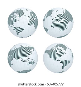 Set of Planet Earth Globe with Abstract Black Vertical Stripe World Map on White Planet. Vector Illustration.