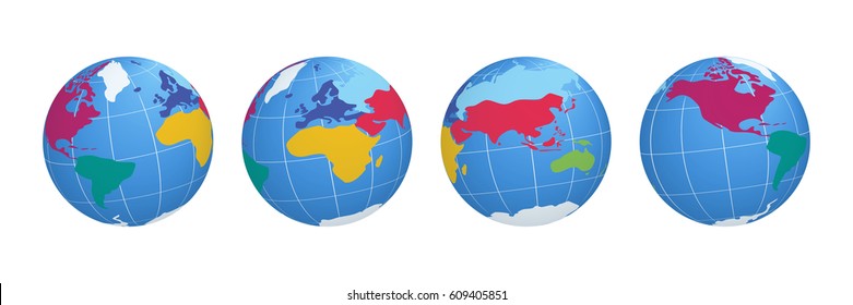 Set of Planet Earth Globe with Abstract Colored World Map Continents - North America, South America, Europe, Africa, Asia and Australia. Vector Illustration.