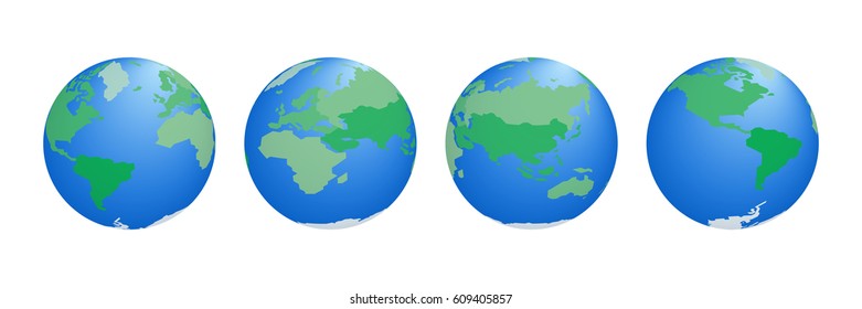 Set of Planet Earth Globe with Abstract Greenery World Map Continents - North America, South America, Europe, Africa, Asia and Australia. Vector Illustration.