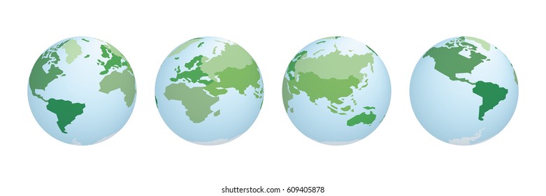 Set of Planet Earth Globe with Abstract Greenery World Map Continents - North America, South America, Europe, Africa, Asia and Australia. Vector Illustration.