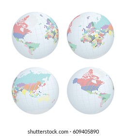 Set of Planet Earth Globe with Abstract Colored Vertical Stripe World Map, Countries, on White Planet. Vector Illustration.
