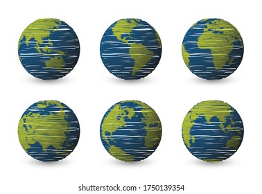 Conjunto de planeta tierra. Conjunto de globo terrestre. Mapas mundiales modelo real 3d con efecto garabato. Vector premium aislado
