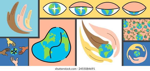 set planet earth and human international community in vector in flat style. illustration for design, logo, sticker, poster, print