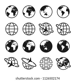 Set of planet Earth icons. Globe sign. World symbol. Air travel, transportation and delivery concept