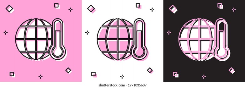 Set Planet earth melting to global warming icon isolated on pink and white, black background. Ecological problems and solutions - thermometer.  Vector