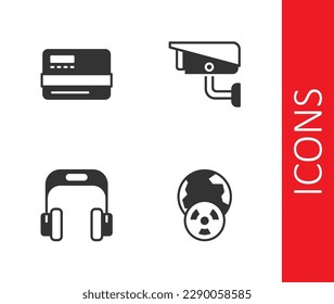 Set Planet earth and radiation, Credit card, Headphones and Security camera icon. Vector