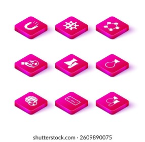 Set Planet earth and radiation, Equation solution, Radioactive, Test tube flask, Molecule and Virus icon. Vector
