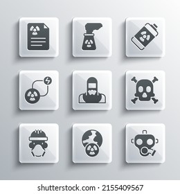 Set Planet earth and radiation, Gas mask, Bones skull warning, Nuclear reactor worker, Radioactive exchange energy, Radiation document and battery icon. Vector