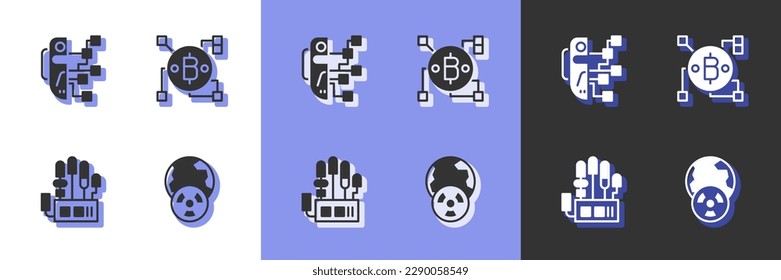 Set Planet earth and radiation, Humanoid robot, Mechanical hand and Blockchain technology Bitcoin icon. Vector