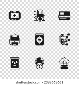 Set Planet earth and radiation, Humanoid robot, Network cloud connection, Energy drink, Credit card, First aid kit, Cyber security and Cloud database icon. Vector