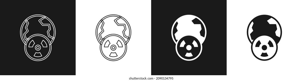 Set Planet earth and radiation symbol icon isolated on black and white background. Environmental concept.  Vector