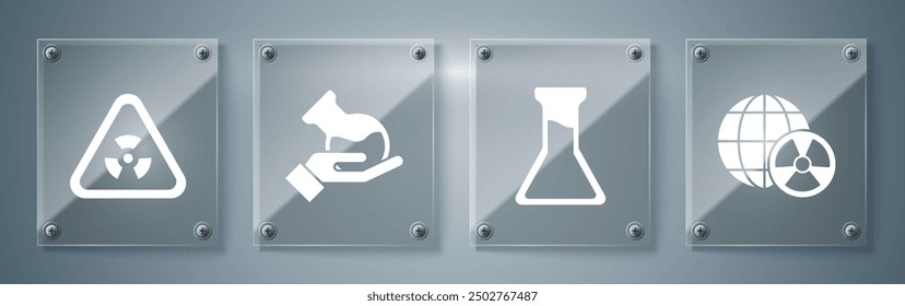 Fije el planeta tierra y la radiación, el tubo de ensayo y el matraz, el tubo de ensayo y el matraz y el triángulo con la radiación. Paneles de vidrio cuadrados. Vector