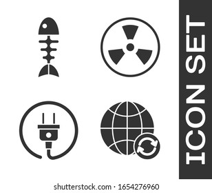 Set Planet earth and a recycling, Fish skeleton, Electric plug and Radioactive icon. Vector