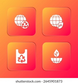 Set Planet earth and recycling, Earth globe leaf, Plastic bag with recycle and plant icon. Vector
