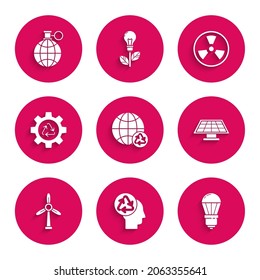 Set Planet earth and a recycling, Human head with recycle, LED light bulb, Solar energy panel, Wind turbine, Recycle symbol gear, Radioactive and  icon. Vector