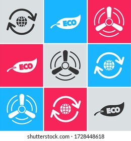 Set Planet earth and a recycling, Leaf Eco symbol and Wind turbine icon. Vector