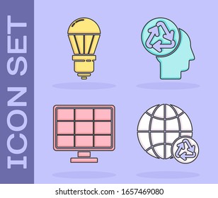 Set Planet earth and a recycling, LED light bulb, Solar energy panel and Human head with recycle icon. Vector