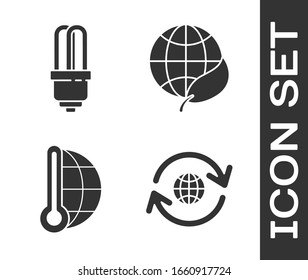 Set Planet earth and a recycling, LED light bulb, Meteorology thermometer measuring and Earth globe and leaf icon. Vector
