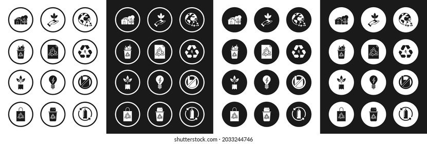 Set Planet earth and a recycling, Paper with recycle, Recycle bin symbol, Eco friendly house, leaf, Plant hand of environmental protection, Say no to plastic bags poster and bottle icon. Vector