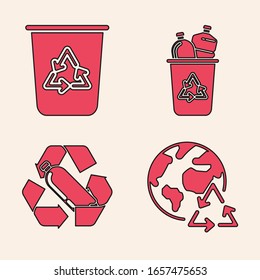 Set Planet earth and a recycling, Recycle bin with recycle symbol, Recycle bin with recycle symbol and Recycling plastic bottle icon. Vector