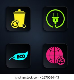 Set Planet earth and a recycling, Recycle bin with recycle symbol, Leaf Eco symbol and Electric plug. Black square button. Vector