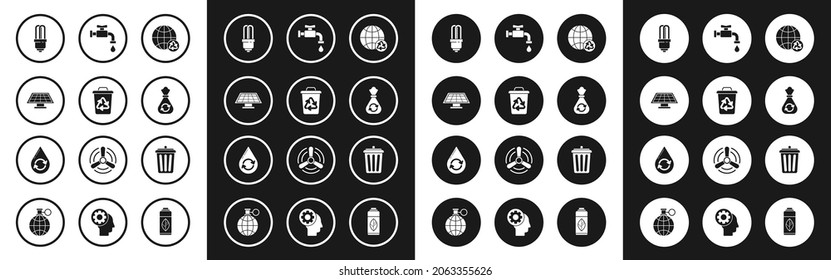 Set Planet earth and a recycling, Recycle bin with recycle symbol, Solar energy panel, LED light bulb, Garbage bag, Water tap, Trash can and clean aqua icon. Vector