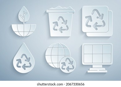 Poner tierra y reciclado planetarios, reciclar, agua limpia, panel de energía solar, papelera con icono de reciclar y de la planta terrestre. Vector