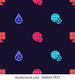 Set Planet earth and recycling, Recycle clean aqua, Earth globe leaf and Solar energy panel on seamless pattern. Vector