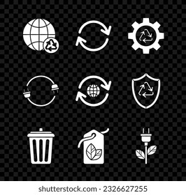 Set Planet earth and a recycling, Refresh, Recycle symbol gear, Trash can, Tag with leaf, Electric saving plug,  and  icon. Vector
