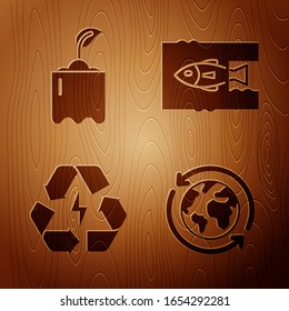 Set Planet earth and a recycling, Sprout in bottle, Battery with recycle symbol and Stop ocean plastic pollution on wooden background. Vector