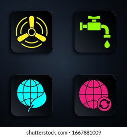 Set Planet earth and a recycling, Wind turbine, Earth globe and leaf and Water tap. Black square button. Vector