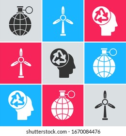 Set Planet earth and a recycling, Wind turbine and Human head with recycle icon. Vector