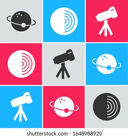 Set Planet, Earth structure and Telescope icon. Vector