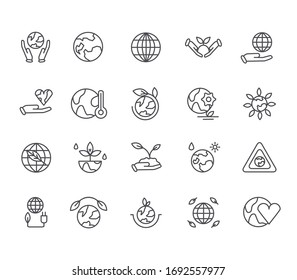 Set of planet ecology Related Vector Line Icons. Includes such Icons as earth, globe, nature, ecology, plants and more.