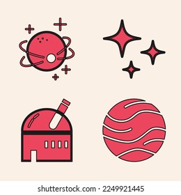 Fijar Planeta, Planeta, estrella de caída e icono observatorio astronómico. Vector