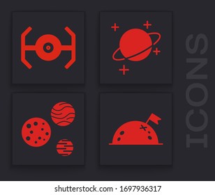 Set Planet with flag, Cosmic ship, Planet and Planet icon. Vector