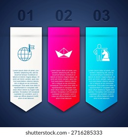 Set Planeta con bandera, Bote de papel doblado y Ajedrez. Plantilla de infografía de negocios. Vector