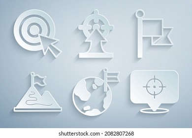 Set Planet with flag, Flag, Mountains, Target,  and arrow icon. Vector
